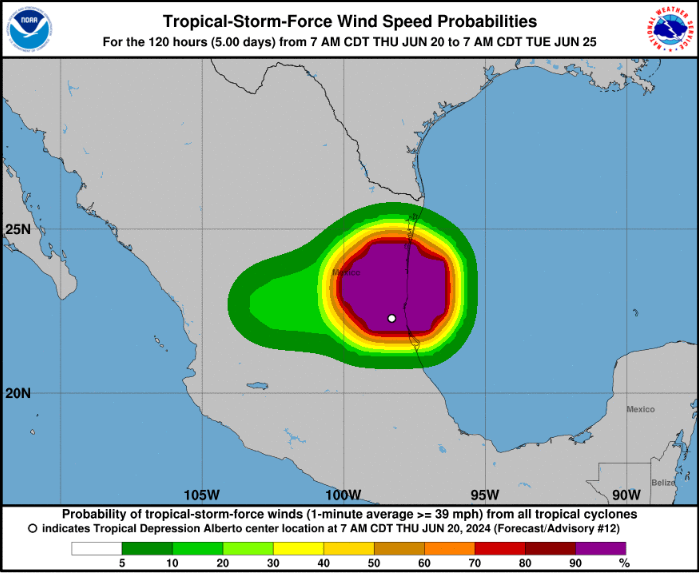 Mapa mostra �rea de atua��o da tempestade tropical Alberto nesta quinta-feira. Cr�dito: NHC 