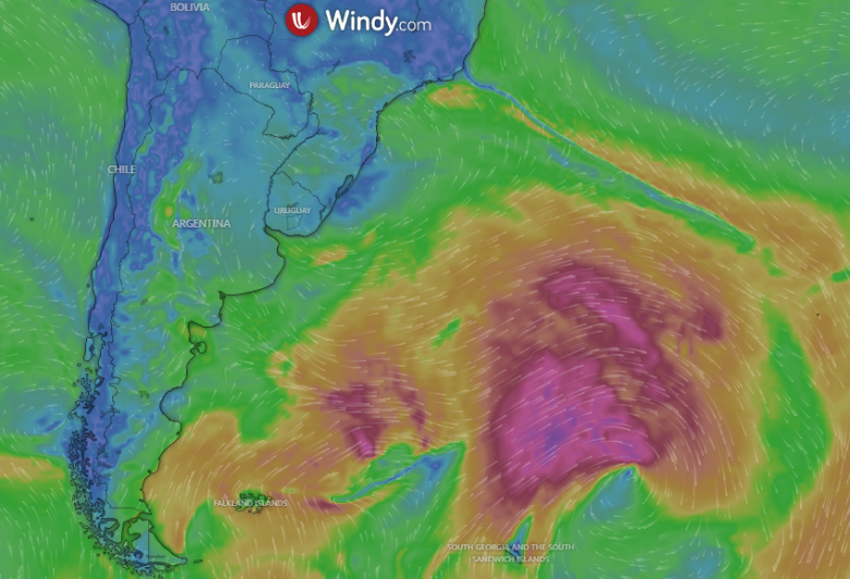 Mapa mostra circula��o dos ventos do ciclone no dia 4 de dezembro. Cr�dito: WINDY