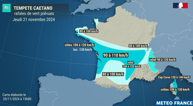 Mapa mostra a previso de ventos fortes que atingiram a Frana com o avano da tempestade Caetano. Crdito: Mto France 