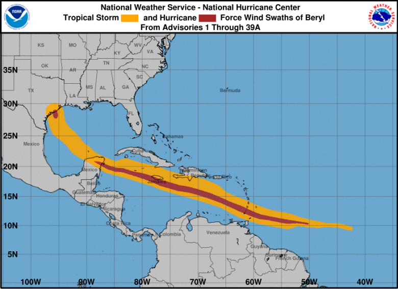 Longo caminho feito por Beryl entre os dis primeiro e oito de julho. Crdito: NHC 