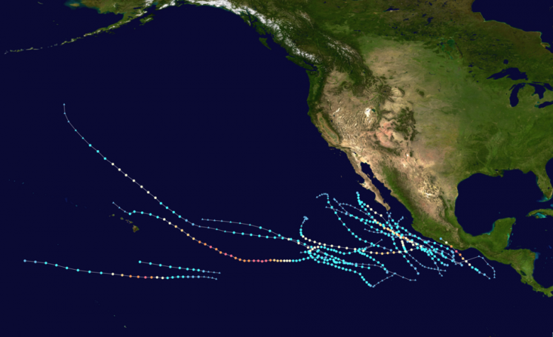 Trajet�rias das tempestades e furac�es registradas no Pac�fico leste e central na temporada de 2025. Cr�dito: Aaroncheung 895, criado usando Wikipedia/NASA/NHC
