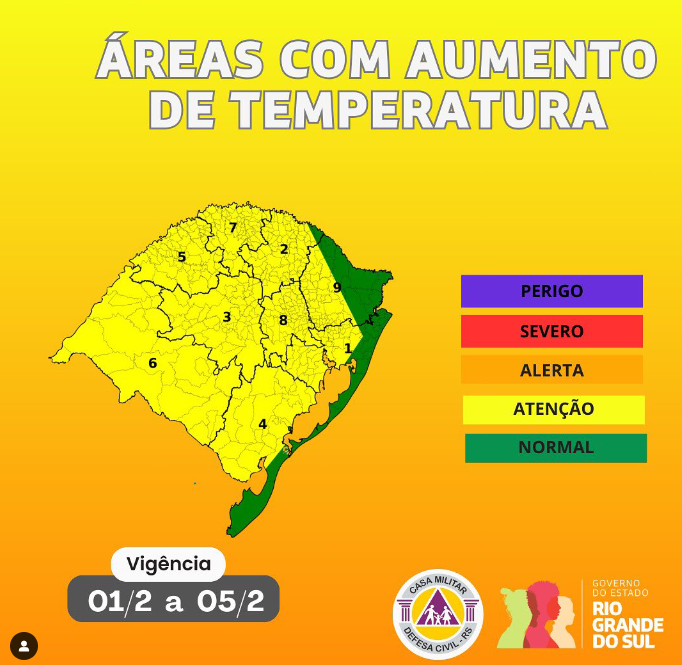 Alerta divulgado pela Defesa Civil do RS v�lido at� o dia 5. Cr�dito: Defesa Civil do Rio Grande do Sul