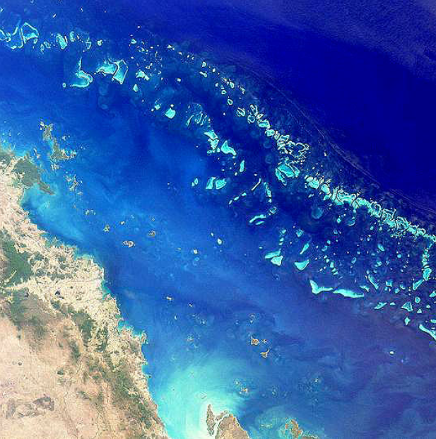 Imagem ilustrativa. Grande Barreira de Corais da Austrlia vista do espao. Crdito: NASA, by MISR - probably/ http://photojournal.jpl.nasa.gov/catalog/pia03401, Domnio pblico, https://commons.wikimedia.org/w/index.php?curid=163272