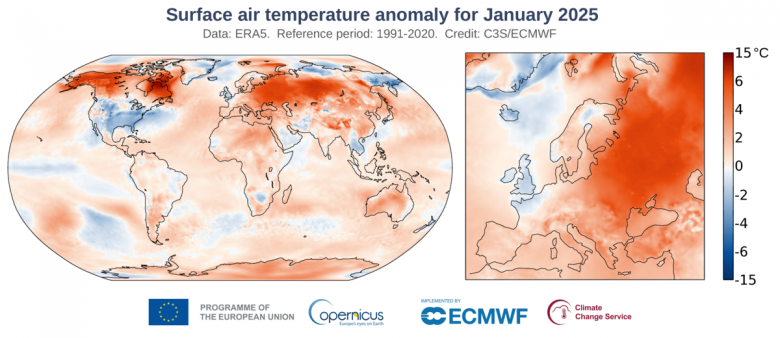 Anomalia da temperatura do ar para janeiro de 2025, com destaque para a Europa. Cr�dito: C3S/ECMWF.