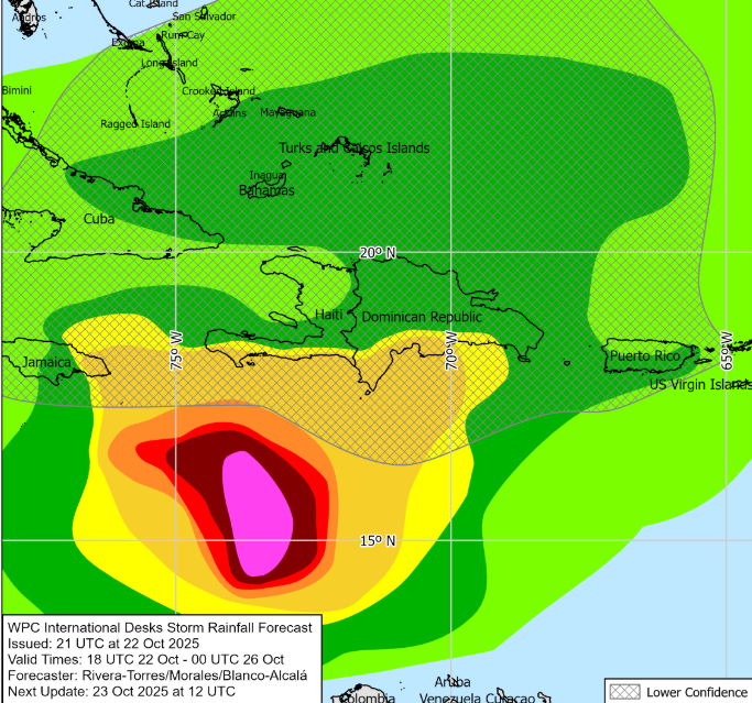 Mapa indica os maiores volumes de chuva durante a passagem de Melissa nos pr�ximos dias. Cr�dito: NHC 