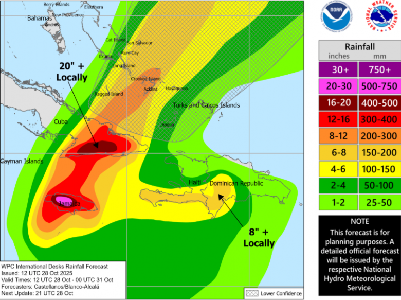Mapa mostra volume de chuva esperado para os prximos dois dias na regio do Caribe. Crdito: NHC 