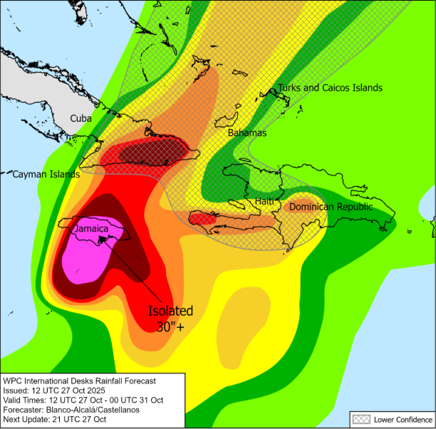 Chuva estimada durante a passagem de Melissa nos prximos trs dias. Crdito: NHC