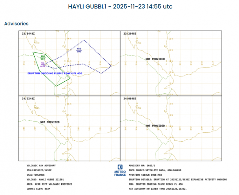 Aviso de c�digo vermelho, alertando sobre o espalhamento das cinzas vulc�nicas do Hayli Gubbi no dia 23. Cr�dito: VAAC  