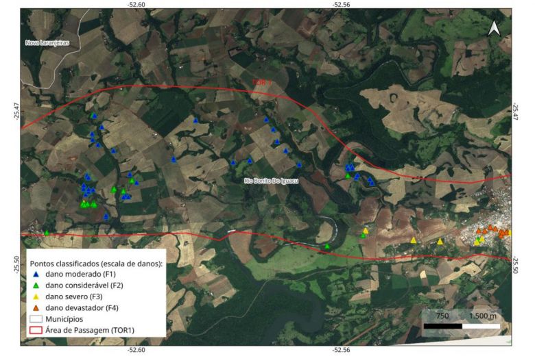 Mapa mostra a escala de danos em Rio Bonito do Igua�u, ap�s passagem de tornado. Cr�dito: Simepar 