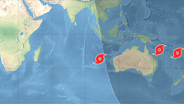 Mapa mostra posi��es dos ciclones Bianca � esquerda e Alfred e Seru � direita. Cr�dito: Painel Global