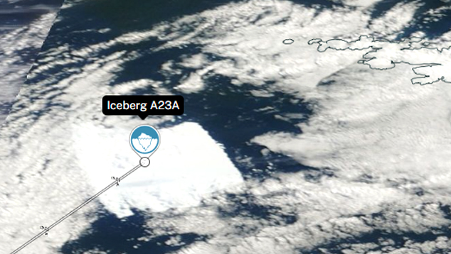 Imagem de sat�lite mostra detalhe do iceberg A23a no Atl�ntico Sul. Cr�dito: Worldview/NASA