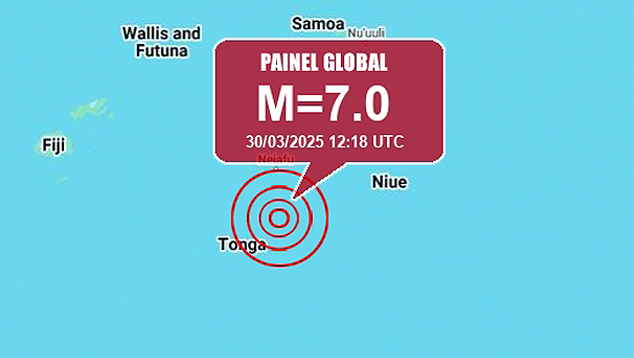 Mapa destaca localiza��o de terremoto de 7.0 registrado em Tonga no dia 30. Cr�dito: Painel Global/GoogleMaps 