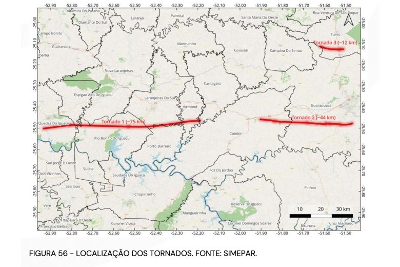 Mapa mostra em detalhe a quantidade de quil�metros percorridos pelos tornados no Paran�. Cr�dito: SIMEPAR 