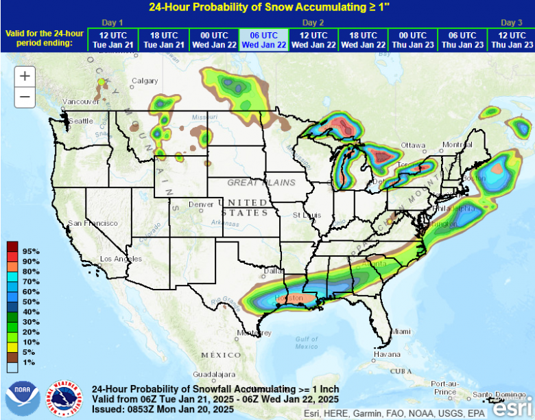 Mapa indica probabilidade de acumula��o de neve dia 22, englobando uma grande �rea entre o Texas e a Fl�rida. Cr�dito: NWS <BR>
