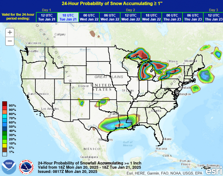 Mapa indica a probabilidade de acumula��o de neve dia 21. Cr�dito: NWS