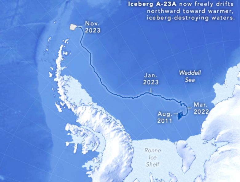 Trajeto percorrido pelo iceberg A23a entre 2022 e 2023. Cr�dito: Public Domain, https://en.wikipedia.org/w/index.php?curid=75482941