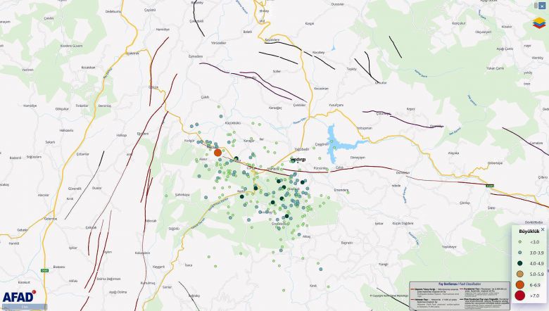 Mapa mostra �ltimos sismos ocorridos na regi�o de Balikesir, no noroeste da Turquia. Cr�dito: AFAD 