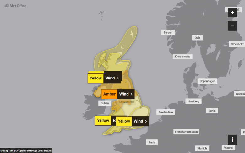 Mapa mostra reas que estaro no alerta amarelo e laranja no dia 24, pico da tempestade no Reino Unido. Crdito: Met Office