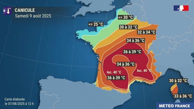 Temperaturas previstas para o territ�rio franc�s no dia 9 de agosto. Cr�dito: Meteo France