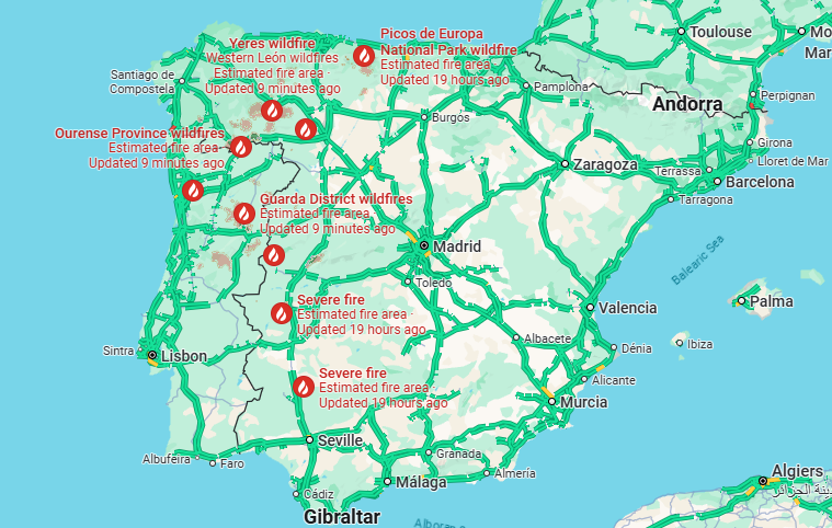 Mapa gerado pelo Google com informa��es de sat�lites, mostra focos principais ativos entre Portugal e a Espanha. Cr�dito: GoggleMaps 