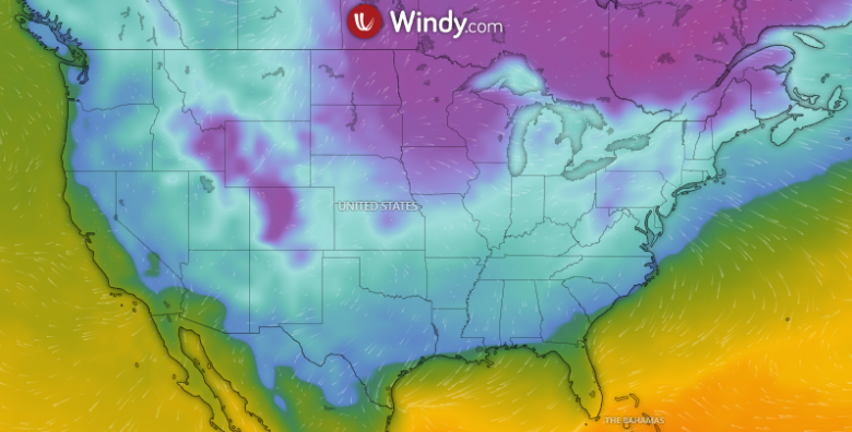 Mapa mostra proje��o de temperaturas baixas para amplas �reas dos EUA. Cr�dito: Modelo GFS/WINDY 
