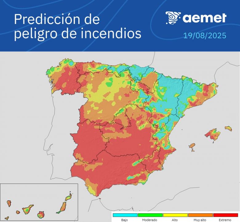 Mapa mostra o risco de inc�ndio atual sobre a Espanha, continuando extremo no noroeste, oeste e sul do territ�rio. Cr�dito: AEMet
