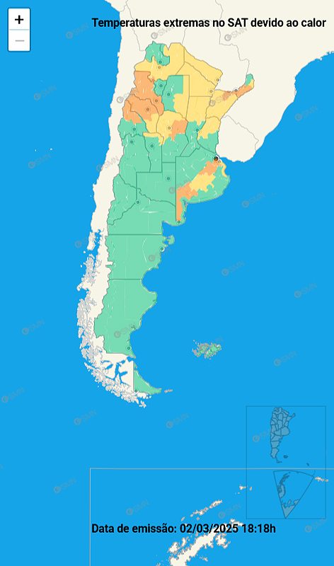 Mapa indica �reas em alerta de calor na Argentina dia 4 de fevereiro. Cr�dito: SMN