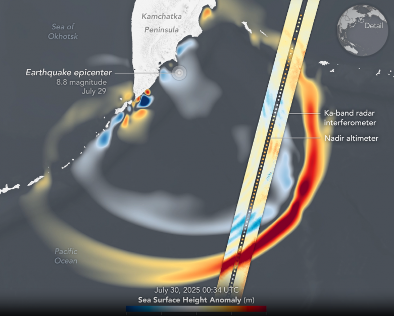 Dados coletados pelo sat�lite SWOT referente ao terremoto de magnitude 8.8 registrado na R�ssia em 30 de julho. Cr�dito: NASA