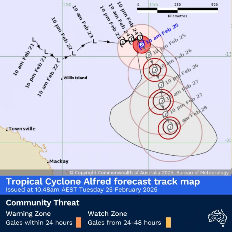 Previs�o feita para o ciclone Alfred nos pr�ximos dias. Cr�dito: Bureau of Meteorology 