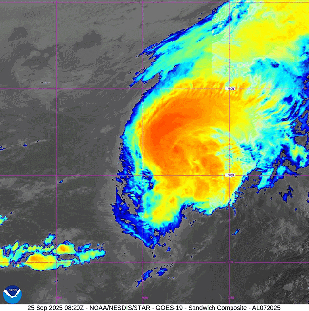 Imagem de satlite mostra o furaco Gabrielle ainda isolado no meio ao Atlntico Norte. Crdito: NOAA/Goes-19 