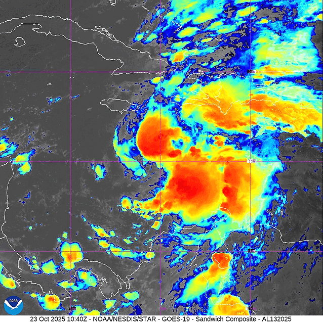 Imagem de sat�lite mostra a concentra��o de nuvens pesadas da tempestade Melissa no Caribe em 23 de outubro. Cr�dito: NOAA/Goes-19