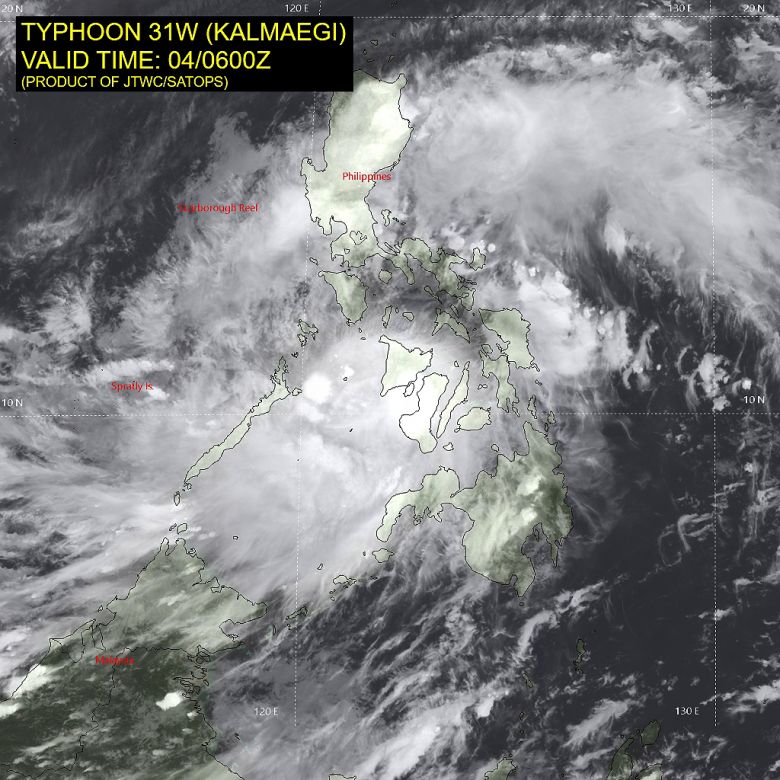 Imagem de satlite mostra o tufo Kalmaegi sobre a parte central das Filipinas no dia 4. Crdito: JTWC 