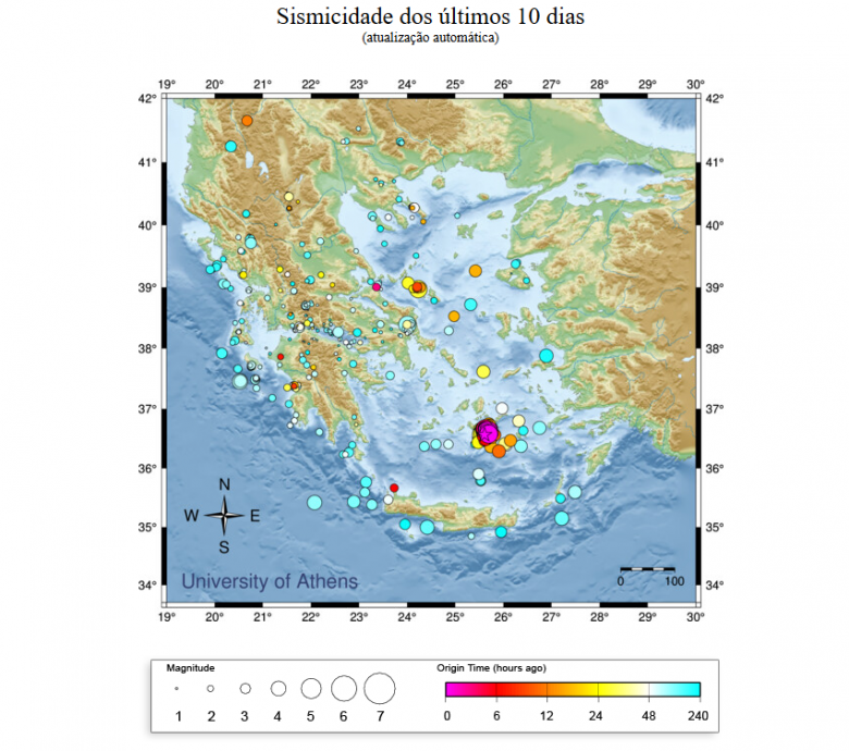 Sismicidade observada na regi�o da Gr�cia nos �ltimos 10 dias. Cr�dito: Laborat�rio Sismol�gico da Universidade de Atenas