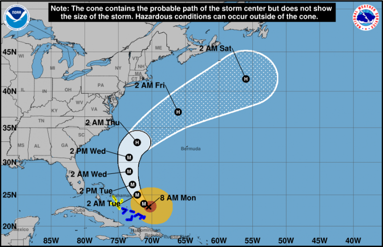 Trajeto estimado para Erin nos pr�ximos dias. Cr�dito: NHC