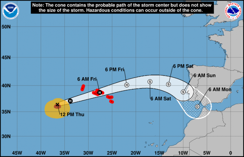 Trajeto estimado para Gabrielle nos prximos dias. Crdito: NHC 