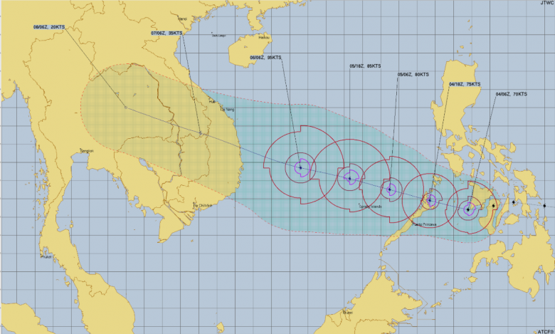 Trajeto estimado para Kalmaegi nos prximos dias. Crdito: JTWC