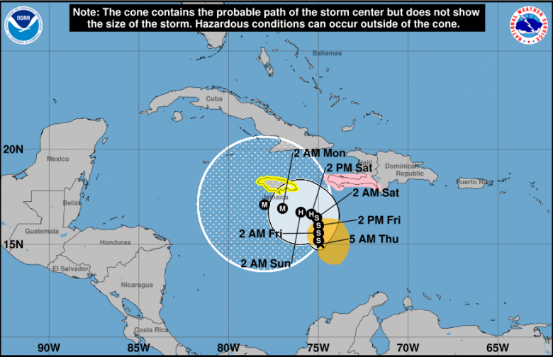 Trajeto estimado para Melissa nos pr�ximos dias. Cr�dito: NHC