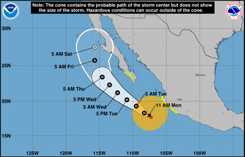 Trajeto estimado para Priscilla nos prximos dias. Crdito: NHC