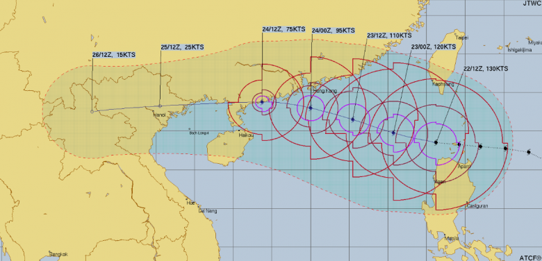 Mapa mostra trajeto do supertufo Ragasa nos prximos dias. Crdito: JTWC 