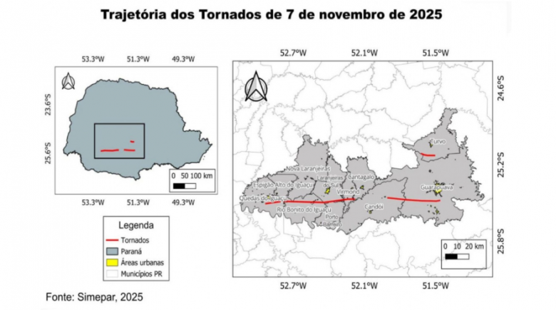 Trajet�ria dos tornados sobre o Paran� em sete de novembro. Cr�dito: divulga��o SIMEPAR 