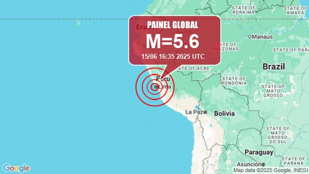 Mapa indica local do epicentro do sismo registrado no Peru no dia 15 de junho. Cr�dito: PainelGlobal/Googlemaps 