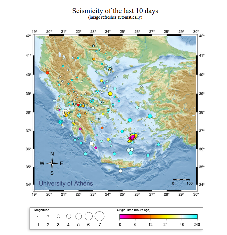 Mapa mostra intensa atividade s�smica na regi�o de Santorini e arredores nos �ltimos dez dias. Cr�dito: Laborat�rio de Sismologia da Universidade de Atenas 