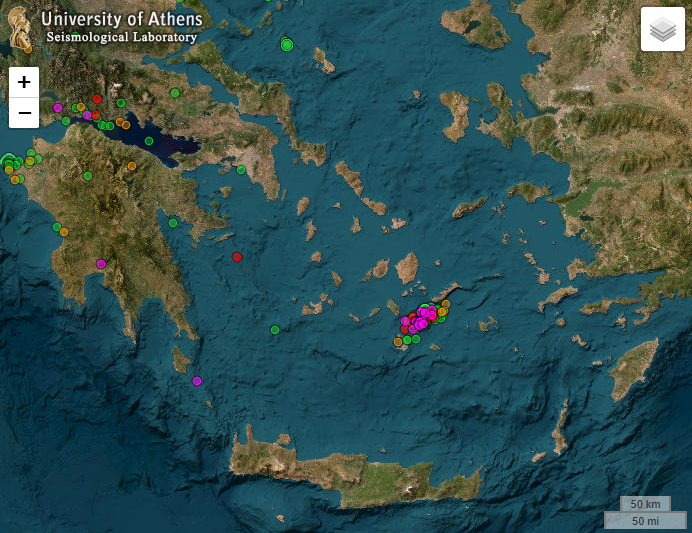 Tremores de terra detectados na regi�o de Santorini dia 20. Cr�dito: Laborat�rio de Sismologia da Universidade de Atenas 