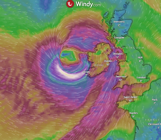 Projeo do modelo europeu ECMWF mostra a circulao dos ventos de owyn nas primeiras horas da sexta-feira. Crdito: WINDY