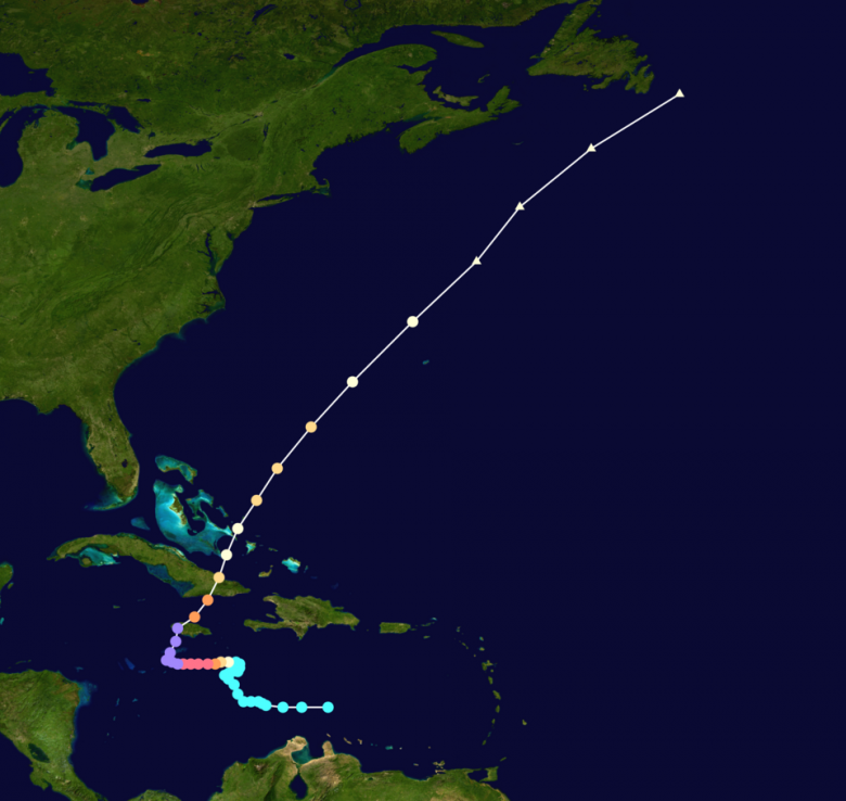 Mapa mostra o trajeto completo de Melissa at� seu enfraquecimento. Cr�dito: HurricaneZeta/Created by HurricaneZeta using Wikipedia:WikiProject Tropical cyclones/Tracks. NASA/NOAA