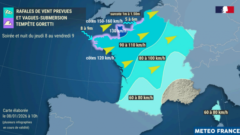 Alertas em vigor para a aproxima��o da tempestade Goretti na Fran�a. Cr�dito: Meteo France  