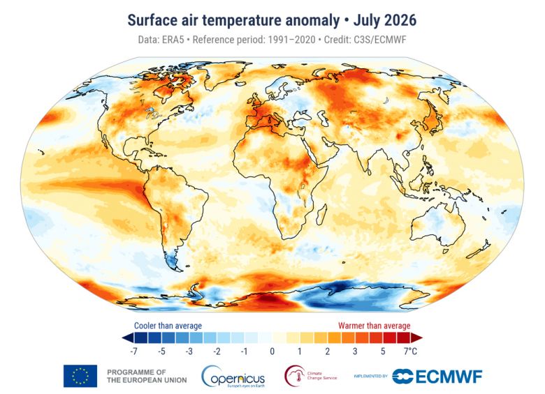 Mapa mostra anomalia da temperatura do ar para julho de 2026 em rela��o � m�dia de julho de 1991-2020. Cr�dito: C3S/ECMWF