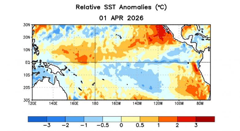 Mapa mostra a anomalia da superf�cie do mar (TSM) em 1 de abril, indicando maior neutralidade no Pac�fico equatorial. Cr�dito: NOAA