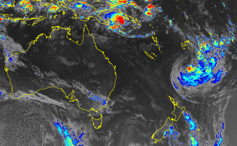 Imagem de sat�lite mostra o ciclone Maila ao nordeste da Austr�lia juntamente ao ciclone Vaianu ao norte da Nova Zel�ndia. Cr�dito: JMA/Sat�lite Himawari 8/9  