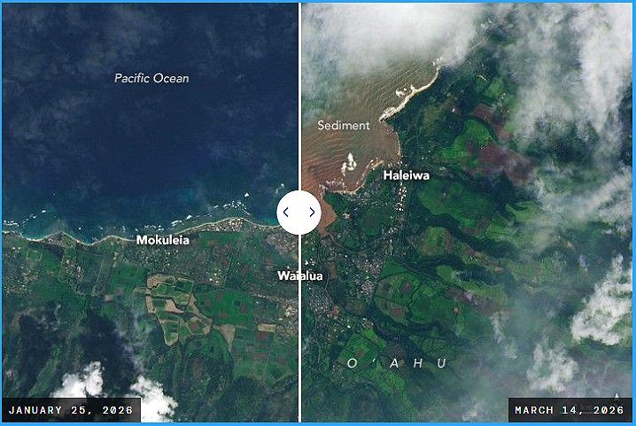 Imagem de sat�lite comparativa antes e depois das recentes inunda��es na costa norte de Oahu, com detalhe na Ba�a de Kaiaka, Hava�. Cr�dito: Earth Observatory/Landsat 9/NASA